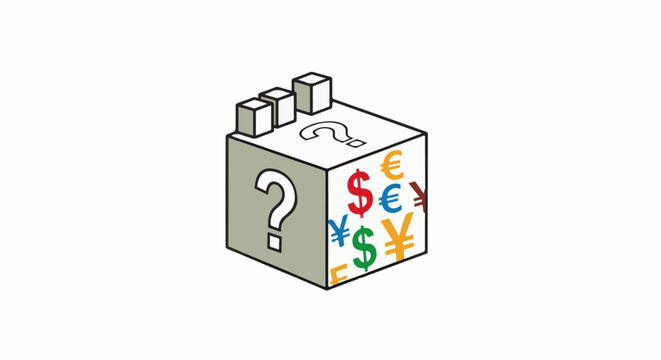 Isometric cube with question marks and colorful currency symbols scattered on its sides