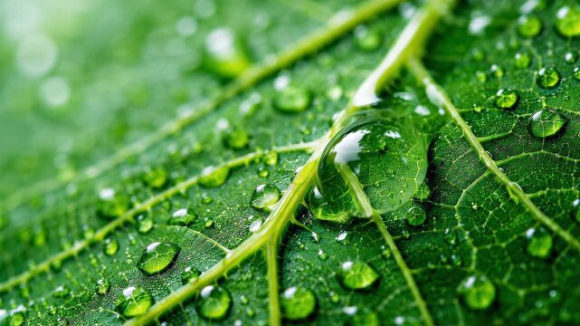 Extreme close-up of a large water drop rolling down the central vein of a vibrant green leaf. Macro footage of morning dew and intricate plant textures