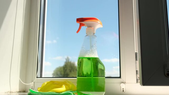 Washing windows spring cleaning. Selective focus.