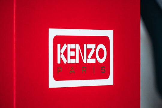 Nice, France - March 1, 2026: Close-up of a red Kenzo Paris branded gift box featuring the house logo, packaging design and luxury fashion presentation details