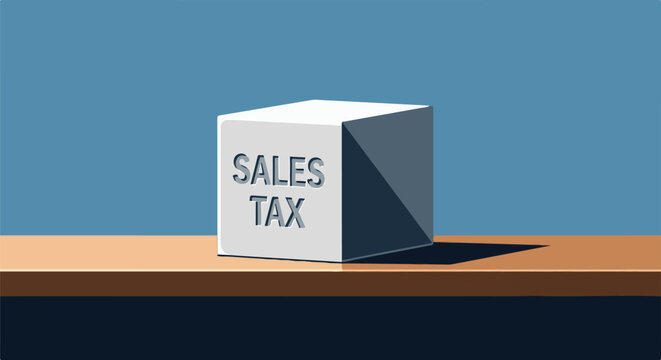 White cube with "SALES TAX" inscribed on one side, casting a shadow on a shelf
