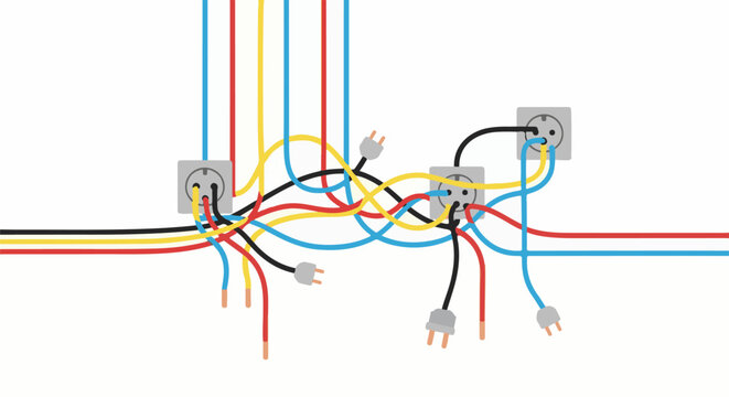 Multiple electrical outlets and tangled colorful wires with plugs