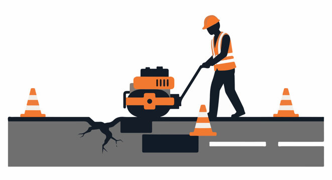 Worker compacting asphalt with a plate compactor on a cracked road, marked by cones