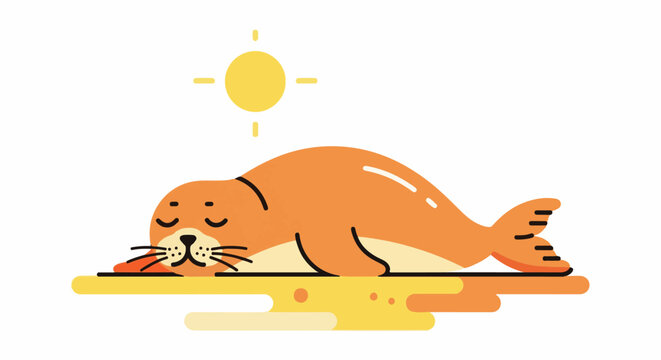 A stylized orange seal naps peacefully under a bright yellow sun on a sandy patch