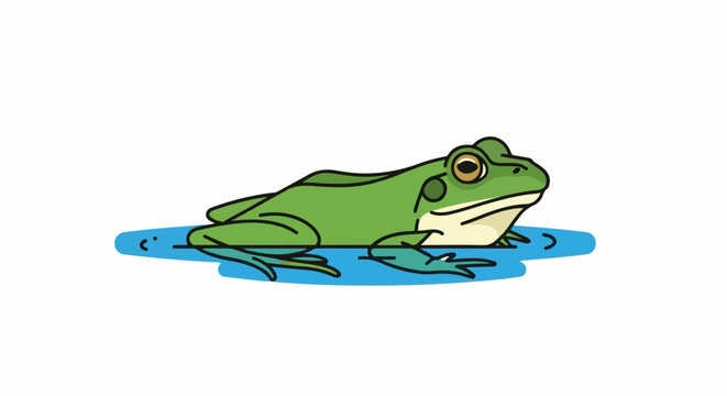 A cartoon green frog rests partially submerged in blue water