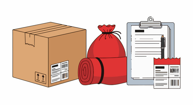 A cardboard box, a red sleeping bag with a red drawstring bag, and a clipboard with papers and a pen