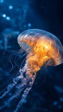 Glowing jellyfish swimming in the deep blue ocean. Vertical video of a translucent marine animal with long tentacles underwater