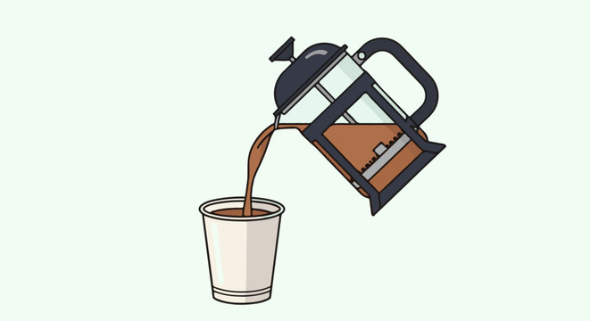 A french press pours coffee into a white cup