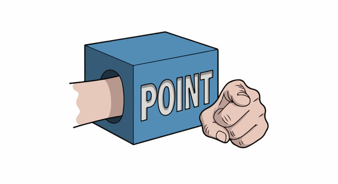 Stylized illustration of a blue cube with the word "POINT" and a hand emerging from one side, while another hand points directly forward