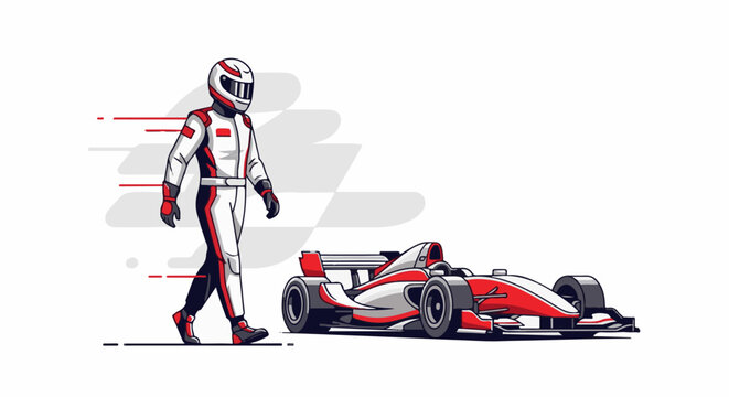 A driver in a white and red racing suit walks next to a sleek red and white race car