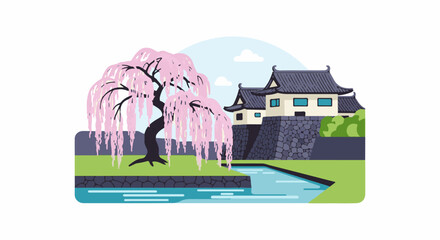 Fototapeta premium A weeping cherry tree stands beside a stone castle with a moat