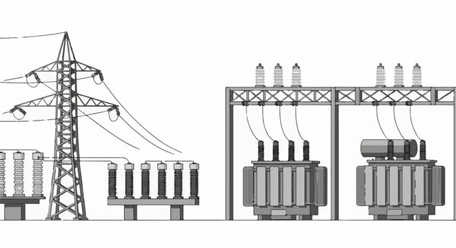 Electrical substation with power lines, transformers, and insulators
