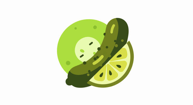 A stylized illustration features a pickled cucumber slice and a citrus segment