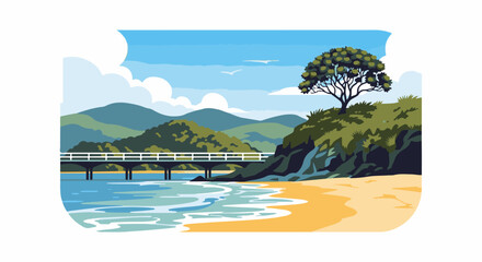 Obraz premium A picturesque coastal scene featuring a bridge over calm blue water, leading to a sandy beach and lush green hills