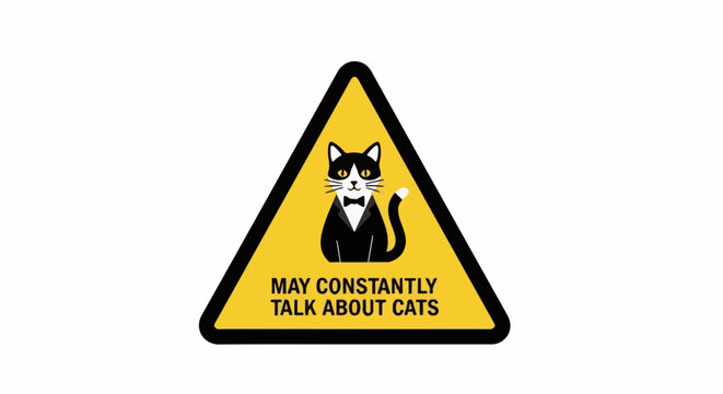A yellow triangle sign with a black border displays a cartoon cat in a tuxedo and the text "MAY CONSTANTLY TALK ABOUT CATS.