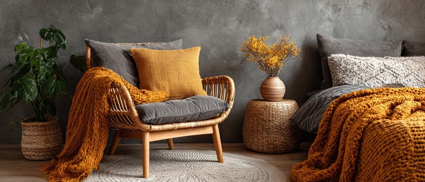 Cozy bedroom interior with rattan furniture and mustard textiles against a textured gray background, evoking warmth and relaxation.