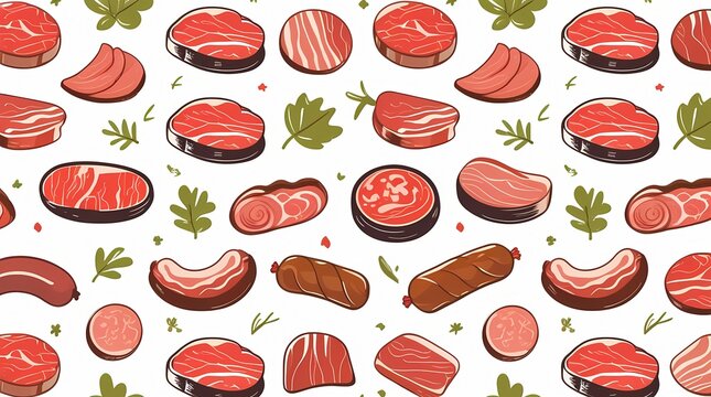 Seamless Meat Pattern Steak Bacon Sausage Butcher BBQ Food Background