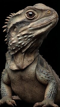 A detailed close-up of a scaly reptile with a third eye spot set against a dark background, highlighting biological evolution and wildlife conservation themes.