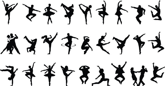 Black dancer silhouettes in ballet, hip-hop, contemporary, and partner dance poses arranged on white background for design use