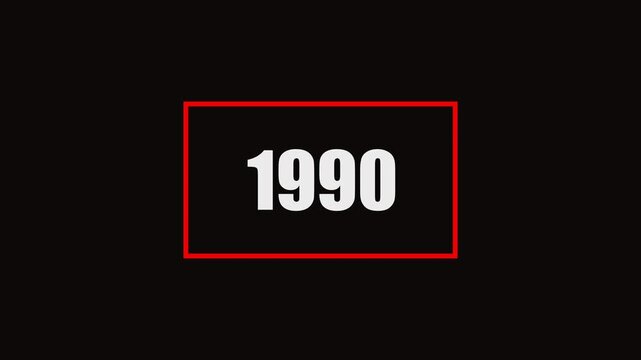 1990 number animation on black background. Old film style historical year loop. White 1962 number text with rectangle animation..