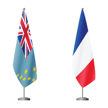 Tuvalu and France flags on flagpoles for official ceremonies and meetings, transparent background vector