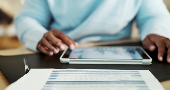 Man, hands and tablet in office with checklist, payroll data analysis or confirmation of employee hours. Person, writing and scroll in business with tech, timesheet stats or graphs for salary payment