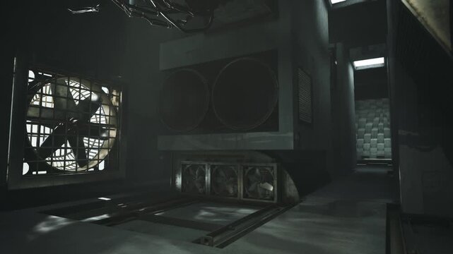 Large industrial fans dominate the dimly lit space, surrounded by concrete walls and metallic structures. The scene conveys a sense of depth and mechanical presence in a sophisticated design.