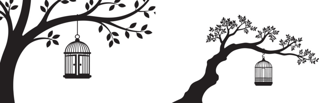Black silhouette tree branches with hanging birdcages for wall art and graphic design