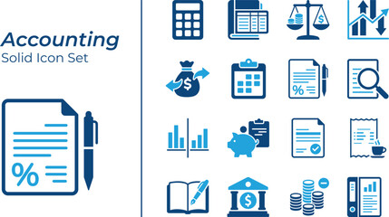 Accounting and Financial Management solid icon set, Includes banking. profits and loss graph and tax symbols pack © Design Vault