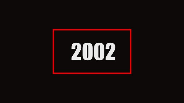 2002 number animation on black background. Old film style historical year loop. White 1962 number text with rectangle animation..