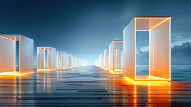 Futuristic walkway with glowing archways leading into horizon at dusk