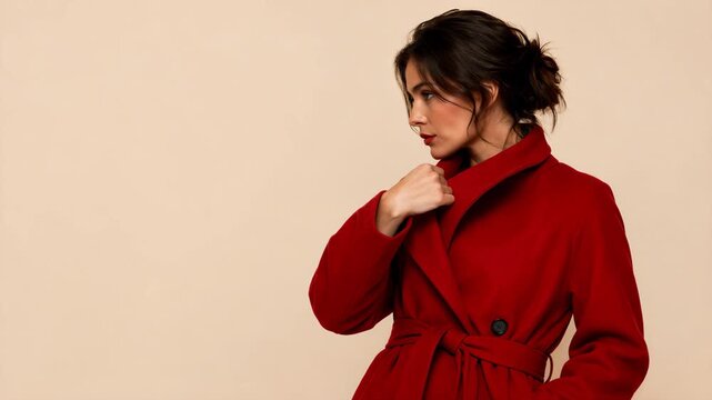 Young woman in a red coat posing on a beige background. Fashion model adjusting her collar and turning away. Copy space for text