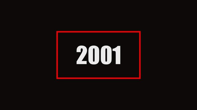2001 number animation on black background. Old film style historical year loop. White 1962 number text with rectangle animation..