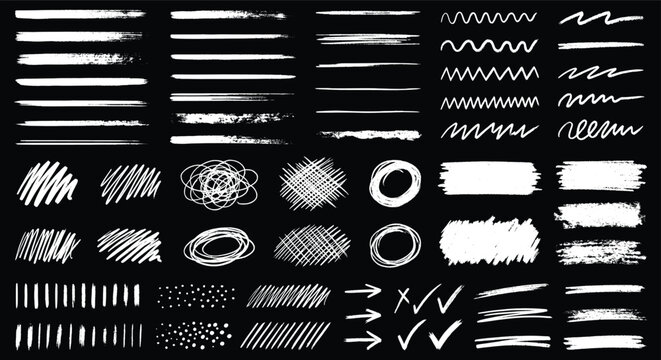 Chalk brush strokes and hand drawn scribble elements, white charcoal texture lines on black background, 50 vector paint marks for graphic design