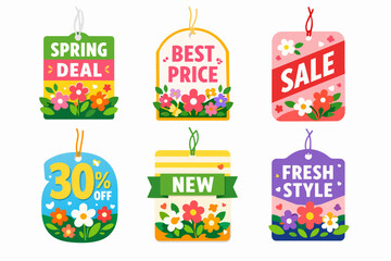 Naklejka premium Cheerful spring-themed collection of flat vector discount labels and shopping tags with flowers and leaves, ideal for retail promotions, seasonal sales, banners, and web design