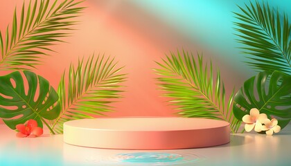 Fototapeta premium Blank Round Pedestal Platform Decorated with Tropical Leaves for Product Display Showcase