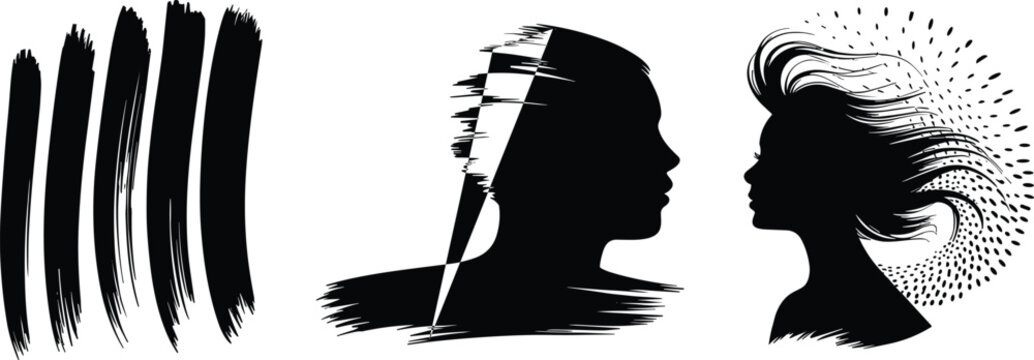 Abstract black brush strokes and female face silhouettes isolated on white background, artistic ink texture elements for logo design, poster, branding and creative artwork