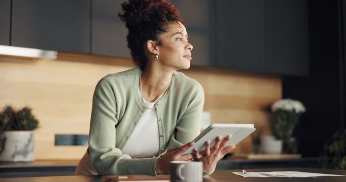 Woman, thinking and remote work in home with tablet, consider email response and typing HR feedback. Thoughtful, person and human resources contractor in house with tech, online communication or idea