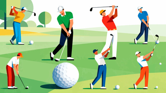 Flat illustration showing golf swing motions and techniques, set of players and balls