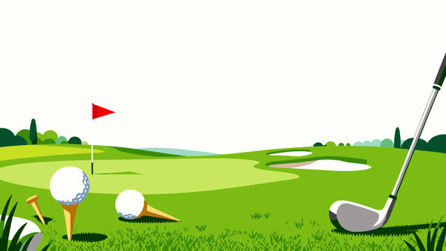 Flat illustration showing golf swing motions and techniques, set of players and balls