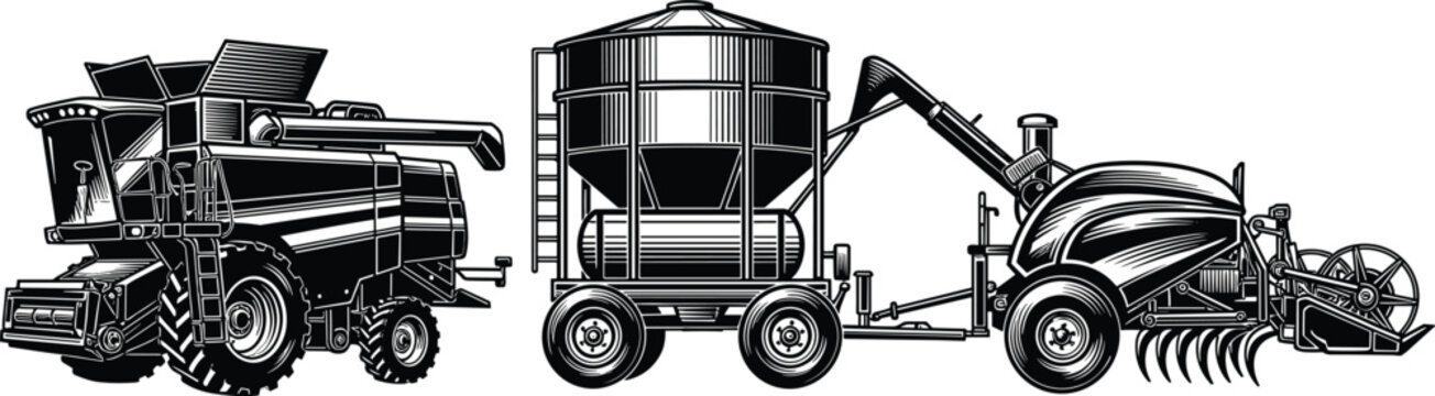 Agricultural harvesting machinery vector illustration featuring combine harvester, grain cart and forage equipment in detailed vintage style isolated on white background for farming and agri