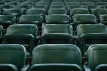 Naklejka premium Close view of empty grandstand seats in perfect rows shallow depth of field stadium background