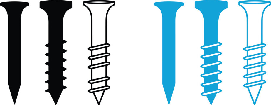 Black And Blue Screws And Nails With Spiral Threads And Pointed Tips illustration