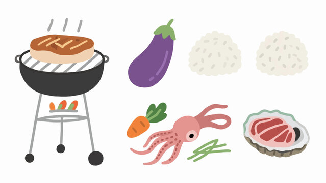 Barbecue and grilled food flat icon set, illustration of meat and vegetable ingredients