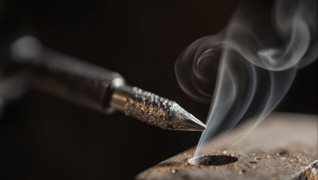 Close-up of a soldering iron tip emitting smoke while working on a surface.
