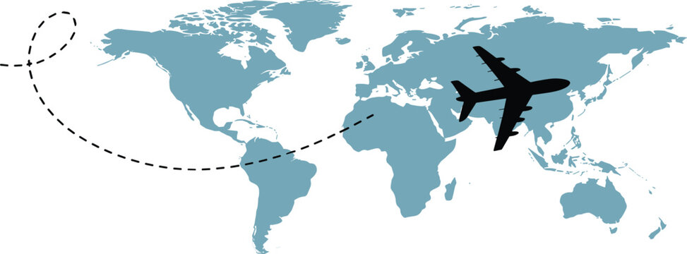 Airplane flying over world map with dotted flight path, global air travel concept, international aviation routes, tourism transportation network, worldwide business logistics illustration