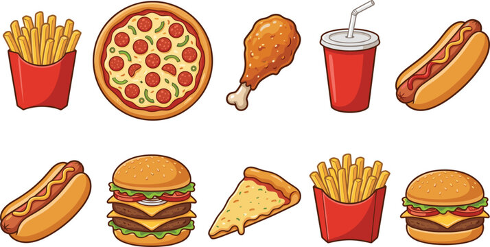 Fast food vector icon set with pizza burgers hot dogs french fries fried chicken and soda cup