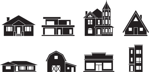 Collection of architectural house black silhouette icons featuring residential cottages modern villas barn and commercial real estate elements © MstNajma