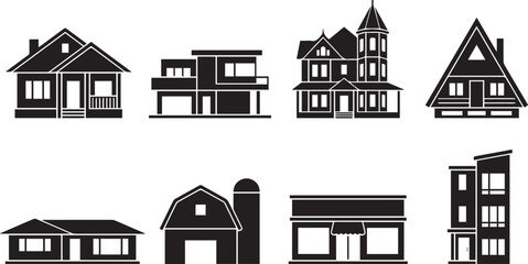 Collection of architectural house black silhouette icons featuring various residential cottages modern villas barn and commercial buildings © MstNajma