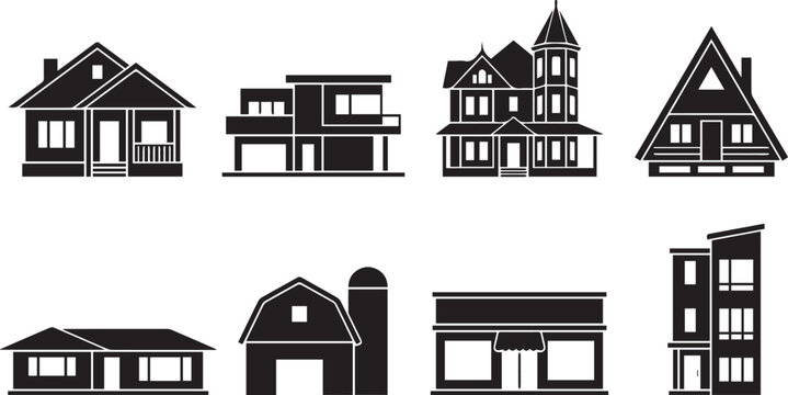 Collection of architectural house black silhouette icons featuring various residential cottages modern villas barn and commercial buildings